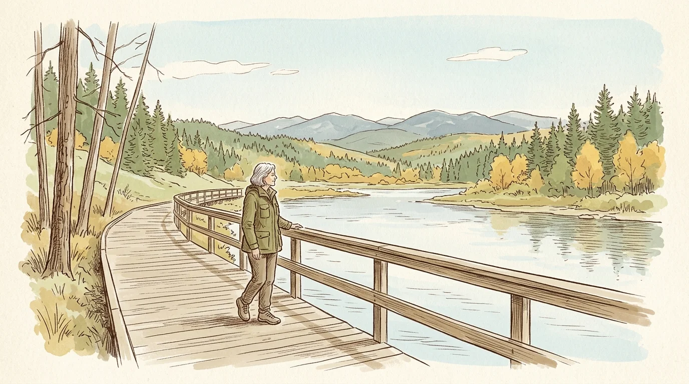Watercolor illustration of a senior woman walking along a wooden boardwalk beside a scenic river and distant mountains.