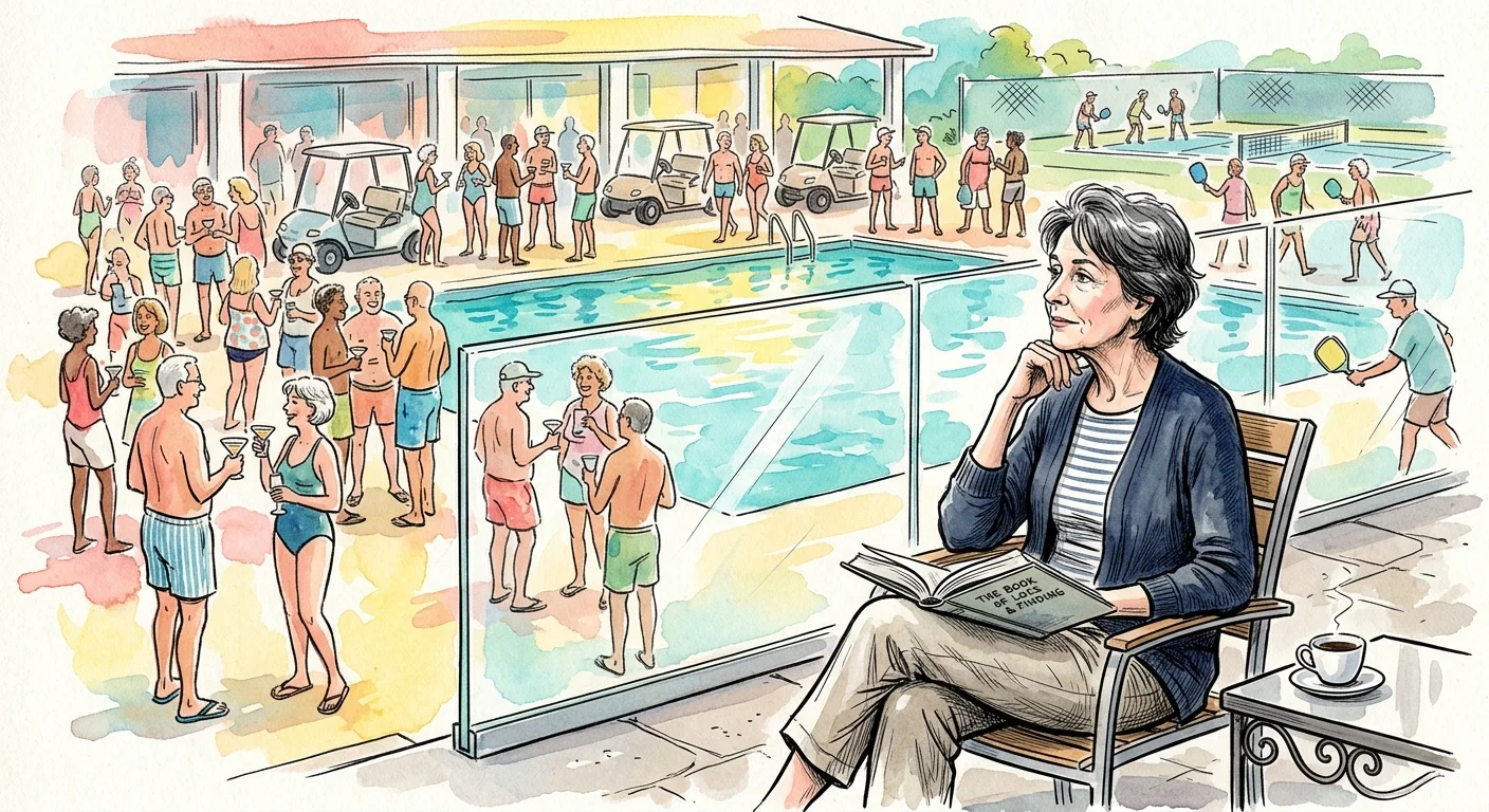 Watercolor of a woman reading alone on a patio while a poolside party and pickleball games carry on behind glass.