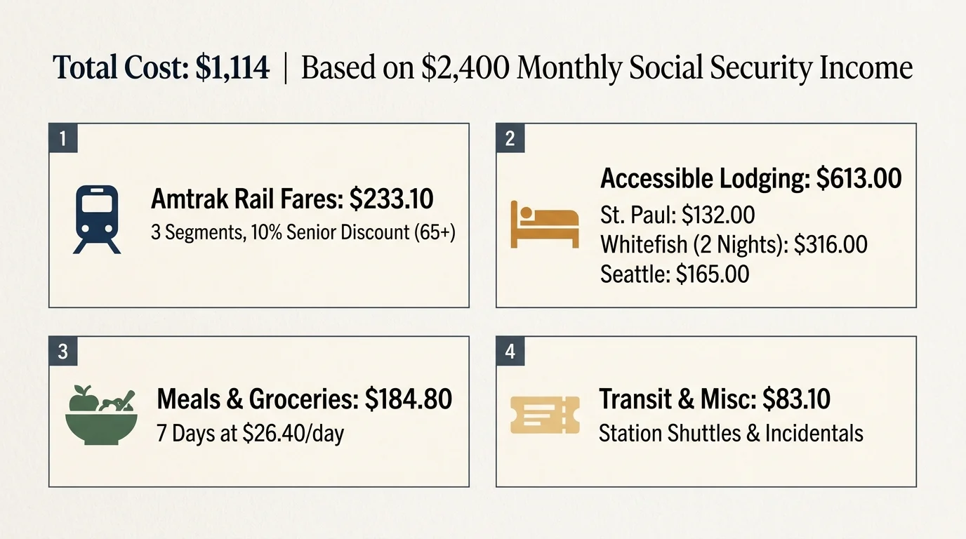 Four numbered budget boxes breaking down travel costs for rail fares, lodging, meals, and transit totaling $1,114.