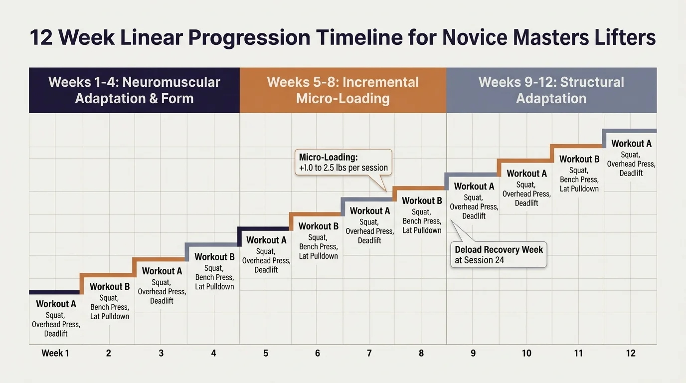 Step chart showing a 12-week linear progression timeline alternating Workout A and Workout B across twelve weeks.