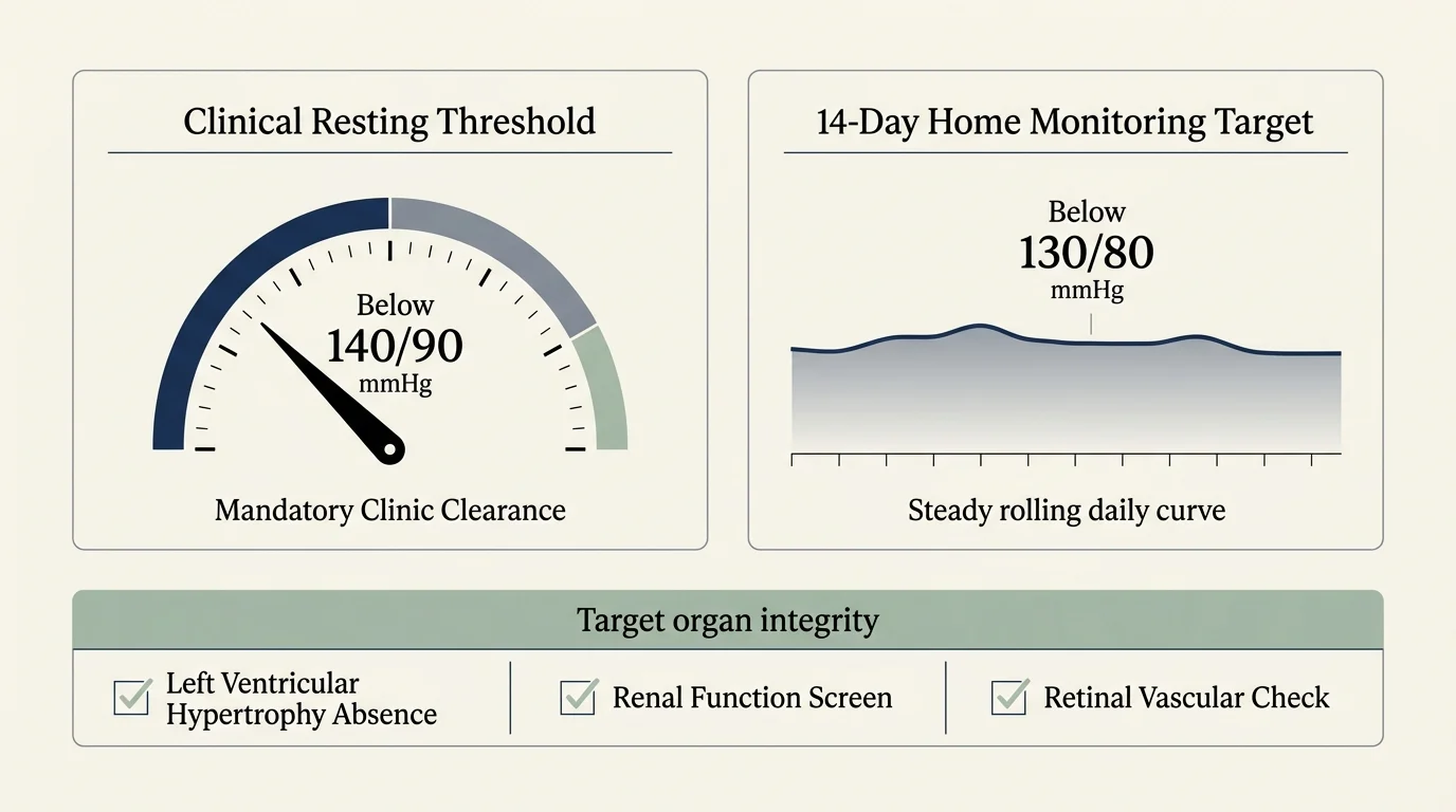 Infographic showing blood pressure gauge below 140/90 mmHg, a 14-day home log curve below 130/80 mmHg, and organ checks.