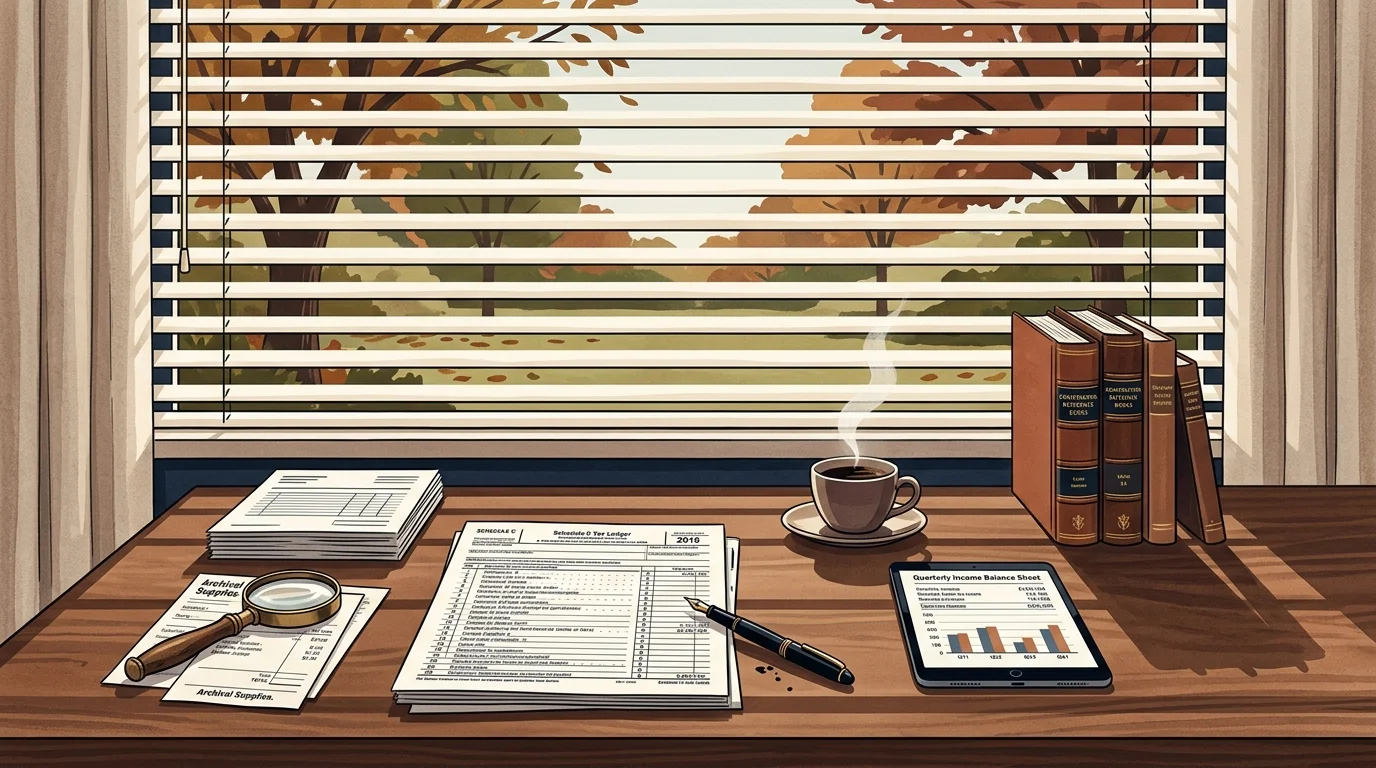 Illustration of a wooden desk with tax forms, a tablet, books, a magnifying glass, and coffee by a window.