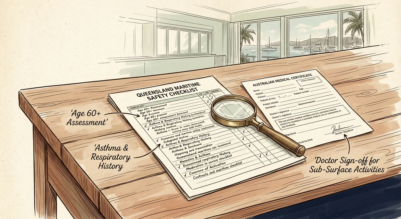 Illustration of a Queensland maritime safety checklist and medical certificate with a magnifying glass on a wooden table.