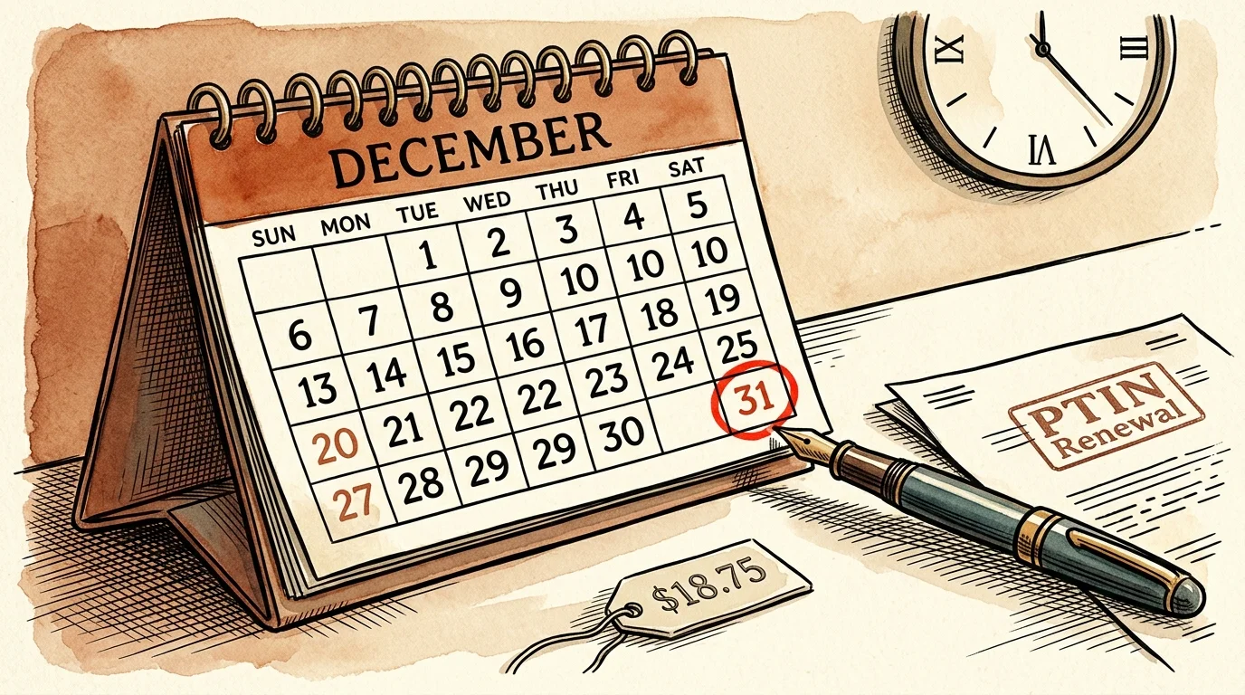 Vintage sketch of a December desk calendar with the 31st circled in red, alongside a pen, clock, and PTIN renewal paper.