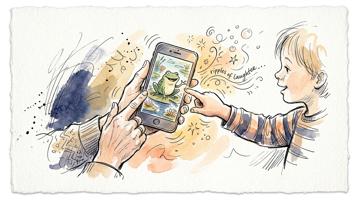 Watercolor sketch of an adult holding a smartphone showing an illustrated frog while a young child points at the screen.