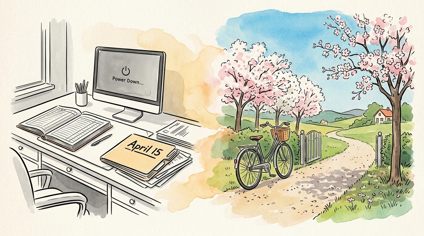 Desk with an April 15 file transitioning into a countryside path with blooming trees and a parked bicycle.