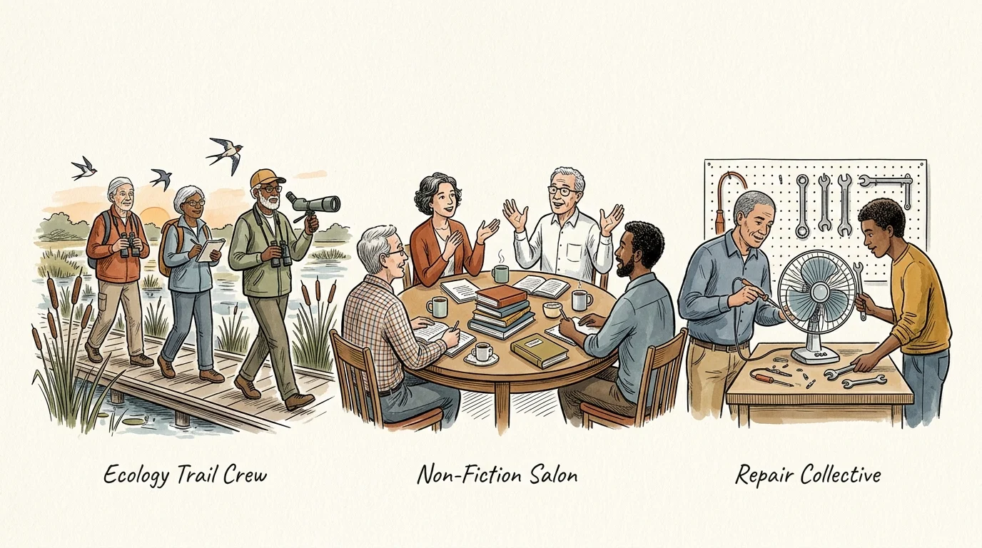 Illustration of three retirement groups labeled Ecology Trail Crew, Non-Fiction Salon, and Repair Collective.