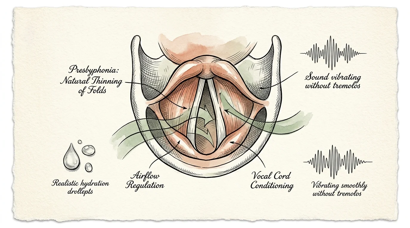 Ink and watercolor diagram of vocal cords with airflow arrows, sound waves, water droplets, and anatomical labels.
