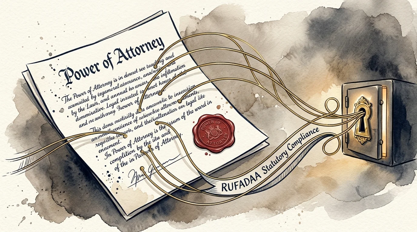 Illustration of a Power of Attorney document connected by golden threads to a safe labeled RUFADAA Statutory Compliance.