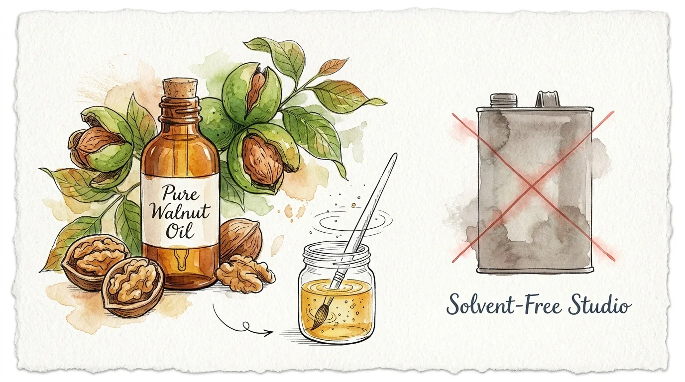 Illustration of a walnut oil bottle, walnuts, and brush jar beside a crossed-out solvent can labeled Solvent-Free Studio.