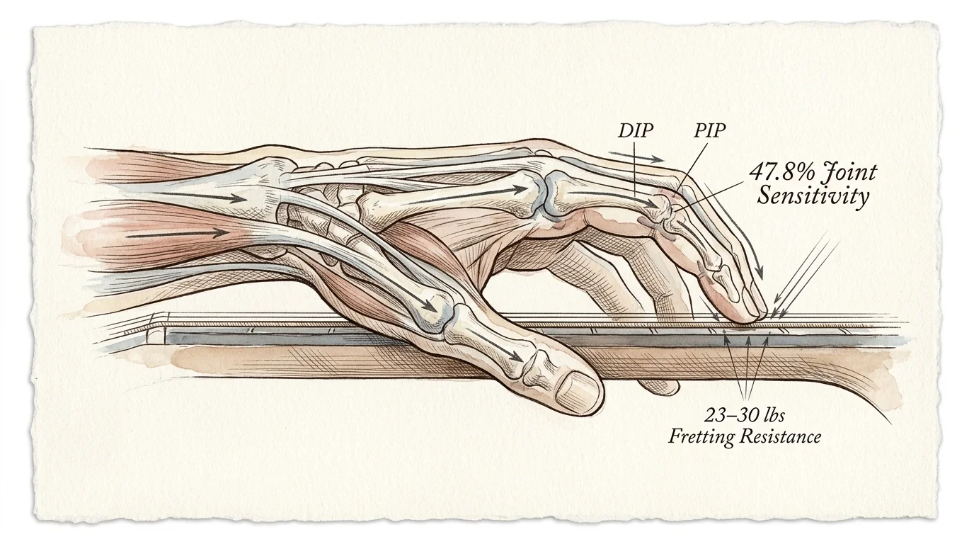Anatomical sketch of a hand fretting guitar strings, showing finger bones, muscles, and labeled DIP and PIP joints.
