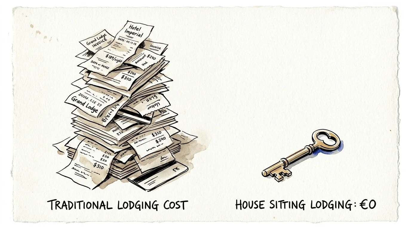 Illustration of a tall stack of hotel bills next to a brass key labeled House Sitting Lodging: €0 on white paper.