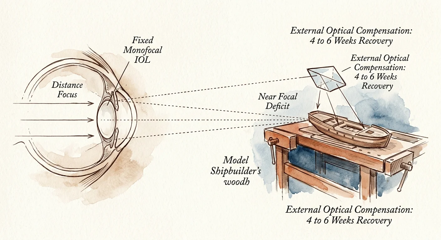 Diagram of an eye with a fixed monofocal IOL focusing toward a wooden model ship on a workbench via an optical prism.
