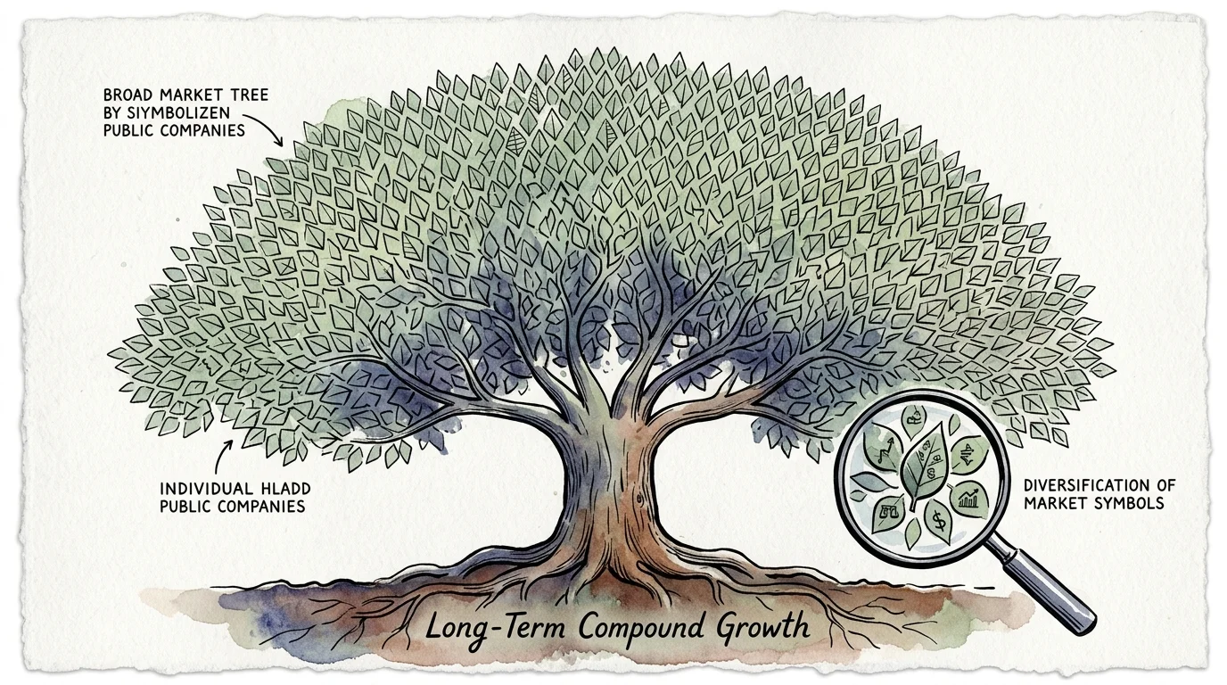 Watercolor illustration of a large broad-market tree with roots labeled long-term compound growth and a magnifying glass.