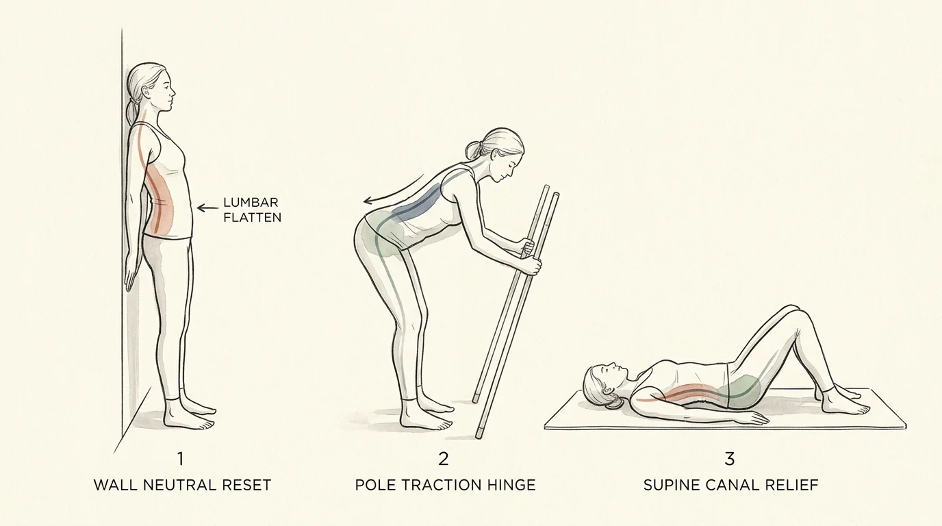 Three-panel line illustration demonstrating wall neutral reset, pole traction hinge, and supine canal relief exercises.