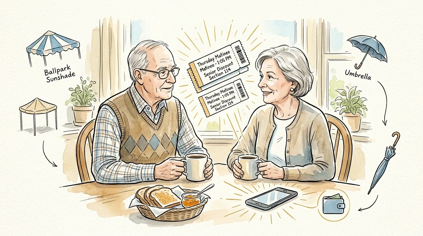 Illustration of an older couple at breakfast with glowing graphics of matinee baseball tickets and a smartphone.