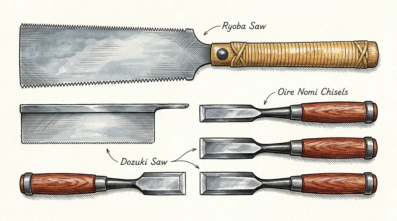 Illustration of Japanese woodworking hand tools labeled Ryoba Saw, Dozuki Saw, and Oire Nomi Chisels on white paper.