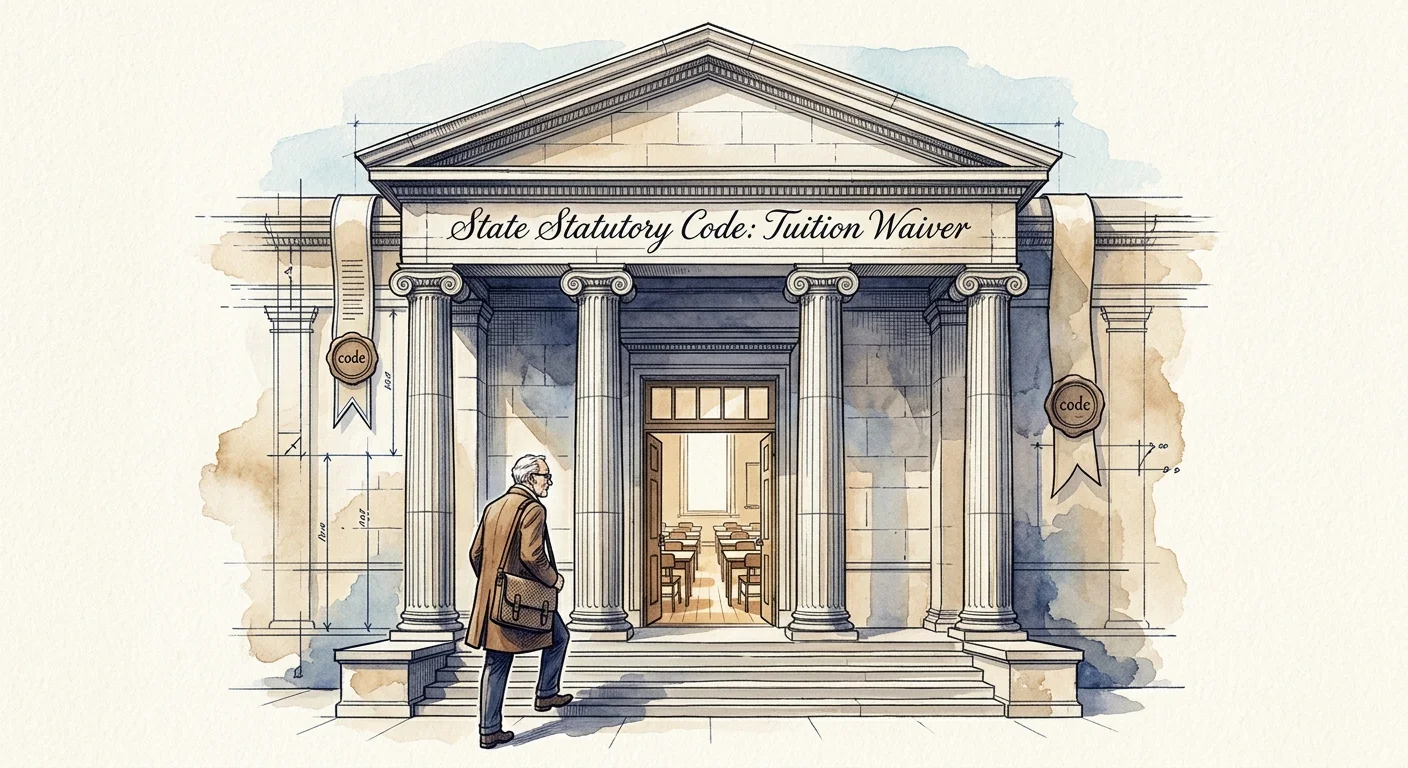 Illustration of an older man walking up steps into a classical university building with open classroom doors.