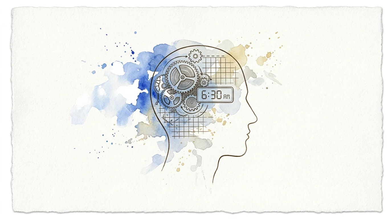 Line drawing of a profile head filled with gears, grid lines, a digital 6:30 AM clock, and watercolor splatters.
