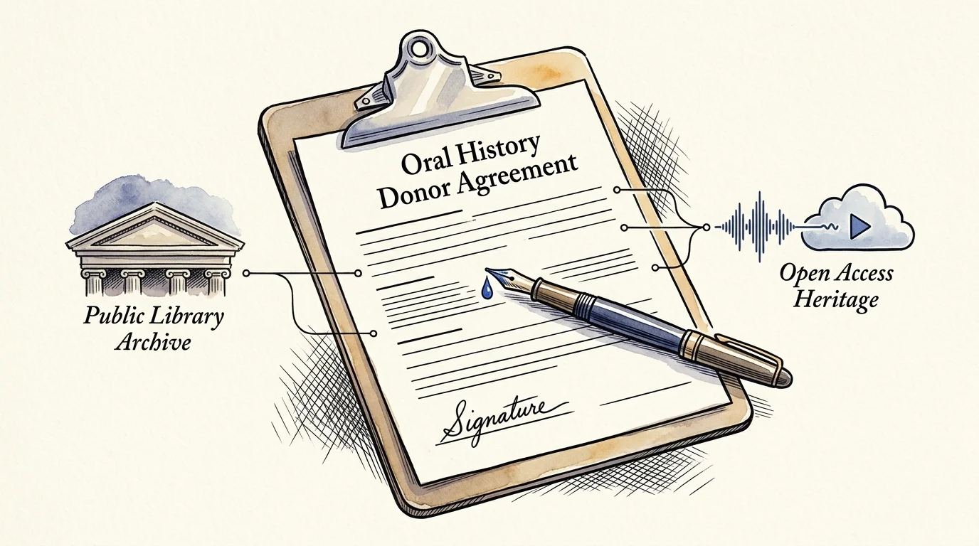 Illustration of an oral history donor agreement clipboard with a pen, library archive icon, and audio waveform graphic.