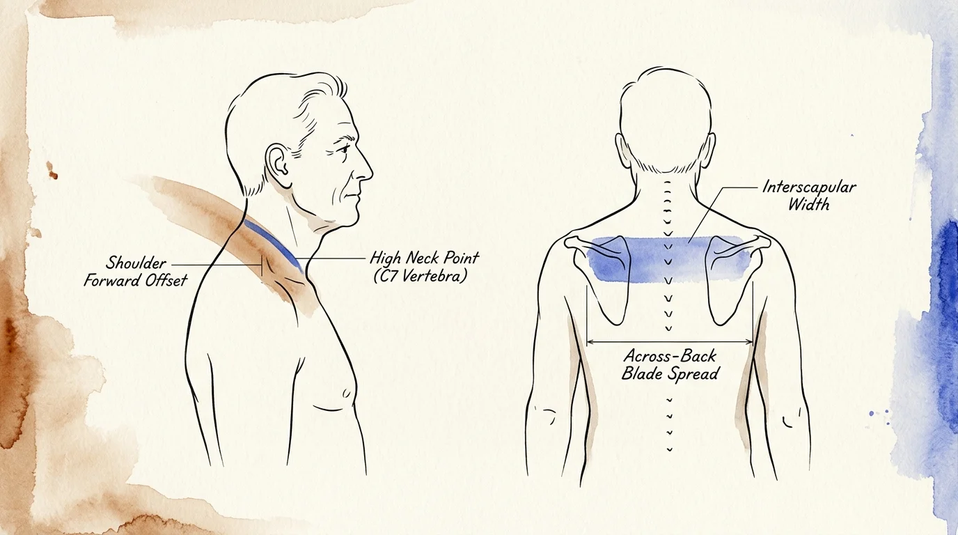 Illustration of a man from the side and back showing shoulder posture, vertebra marks, and upper back measurements.