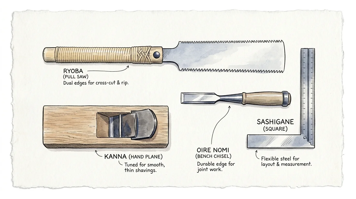 Illustration of four labeled Japanese woodworking tools: a ryoba pull saw, kanna hand plane, oire nomi chisel, and sashigane.