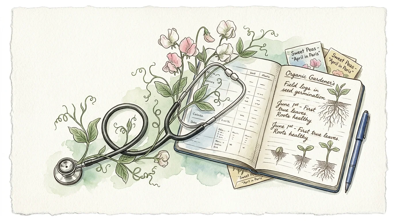 Watercolor illustration of a stethoscope intertwined with flowering sweet pea vines next to an open gardening notebook and pen.