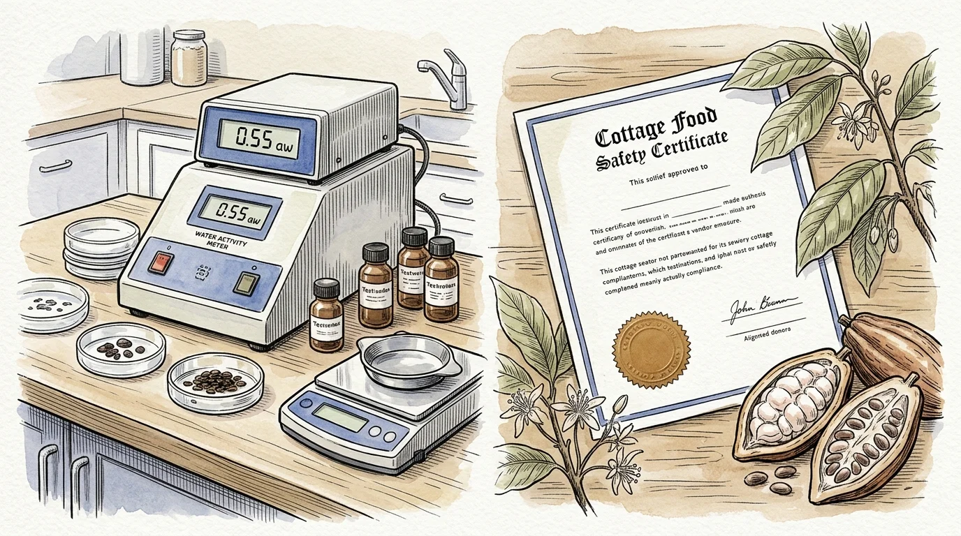 Illustration of a water activity meter with test dishes on a counter beside a framed cottage food certificate and cacao pods.