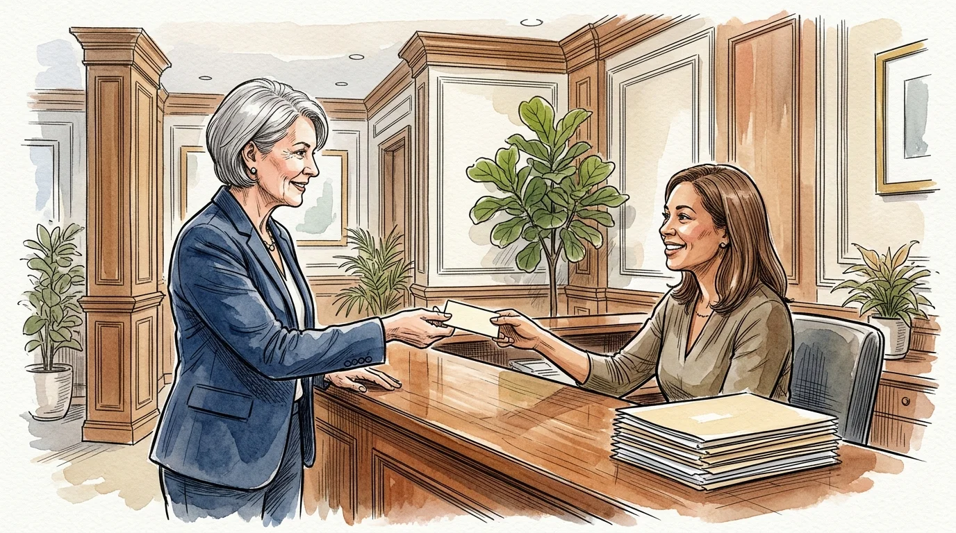 Watercolor illustration of a woman in a suit handing a business card to a receptionist seated at a wooden desk.