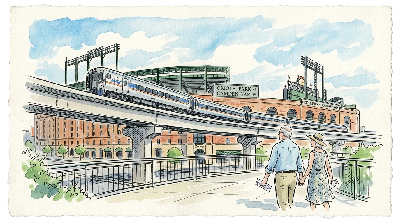 Watercolor of a senior couple walking toward Oriole Park at Camden Yards as an elevated commuter train passes overhead.