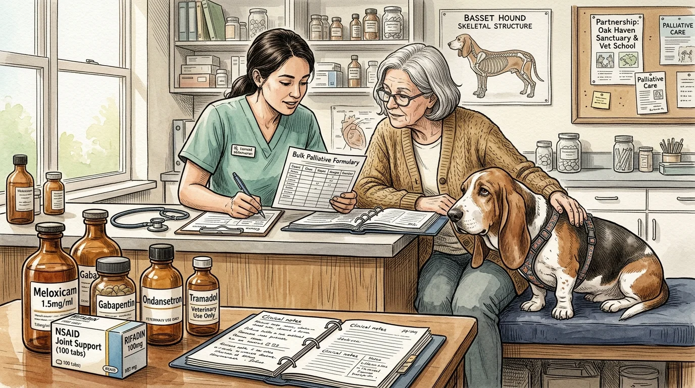 Illustration of a vet and woman reviewing a bulk palliative formulary sheet beside a basset hound and medication bottles.