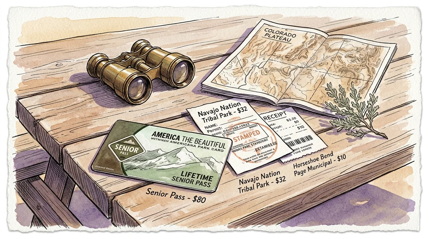 Illustration of an America the Beautiful Senior Pass, park receipts, binoculars, and a Colorado Plateau map on a wooden table.