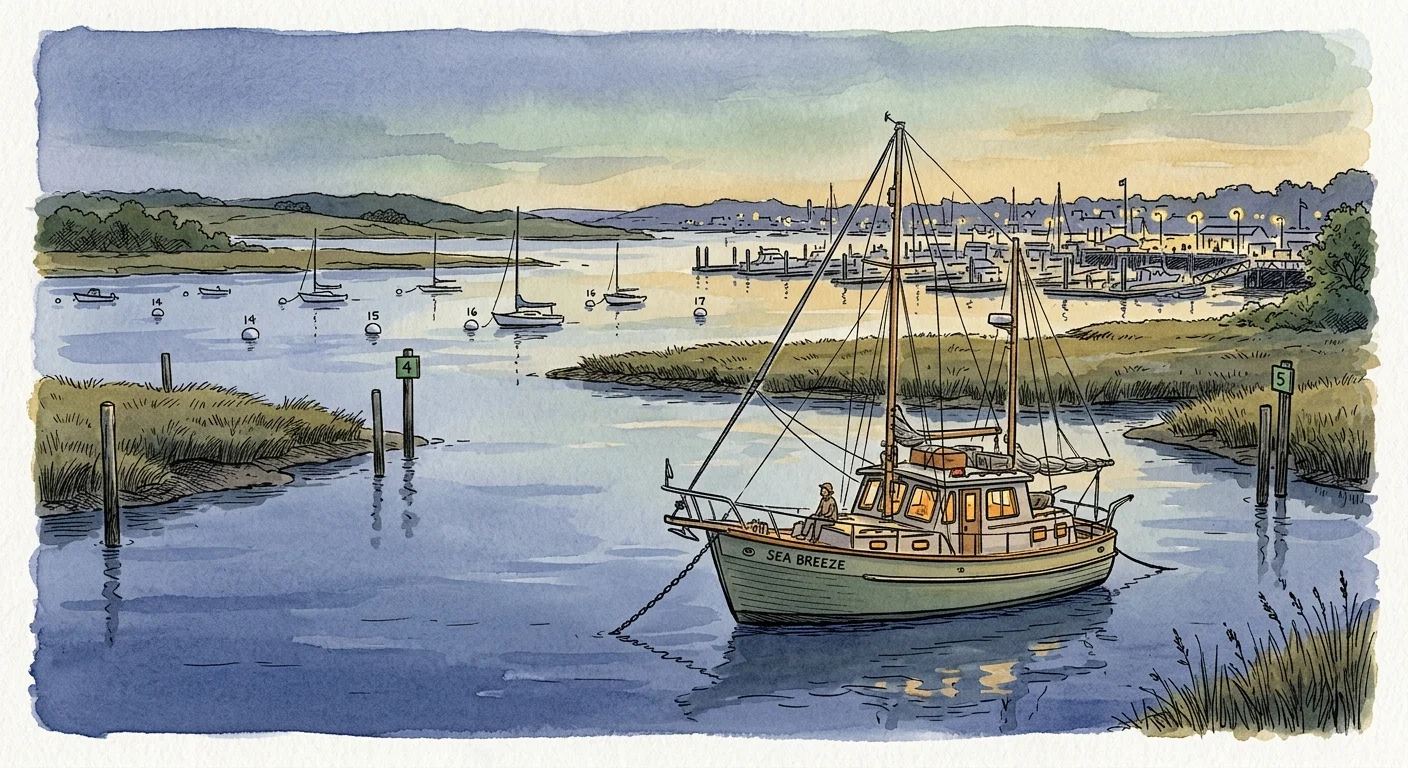 Watercolor illustration of a green trawler anchored in a tidal channel near a marina and moored sailboats at dusk.