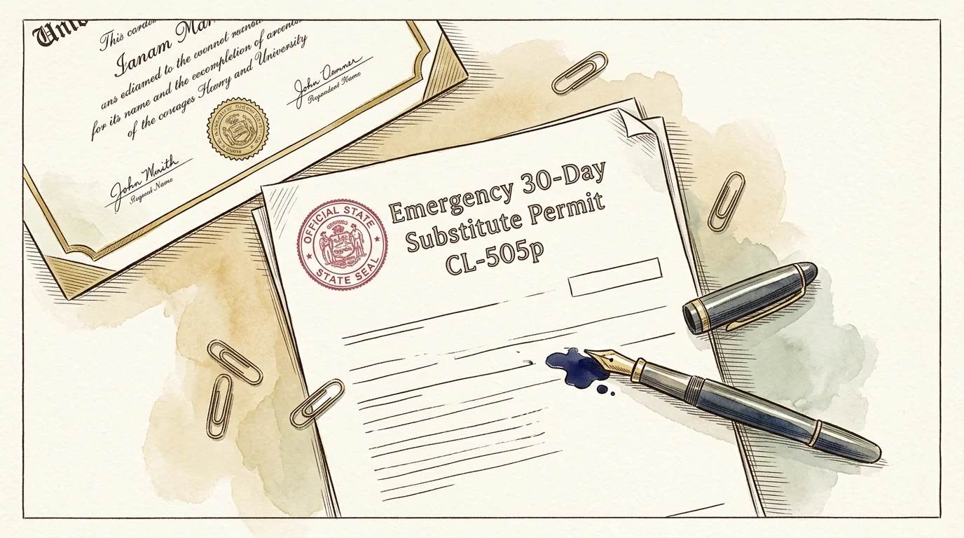 Illustration of an Emergency 30-Day Substitute Permit form beside a diploma, paper clips, and an ink fountain pen.