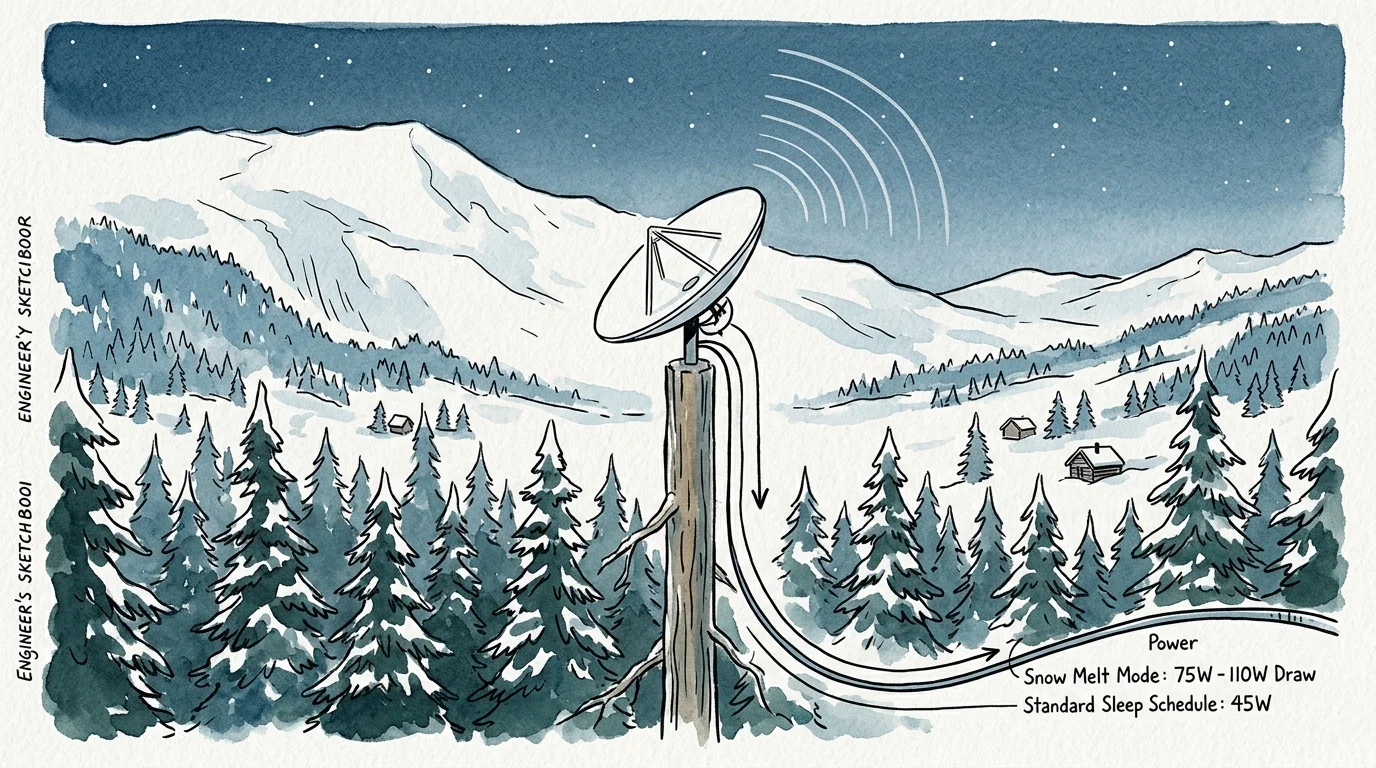 Watercolor illustration of a satellite dish on a post overlooking snowy pine forests, with power draw diagram annotations.