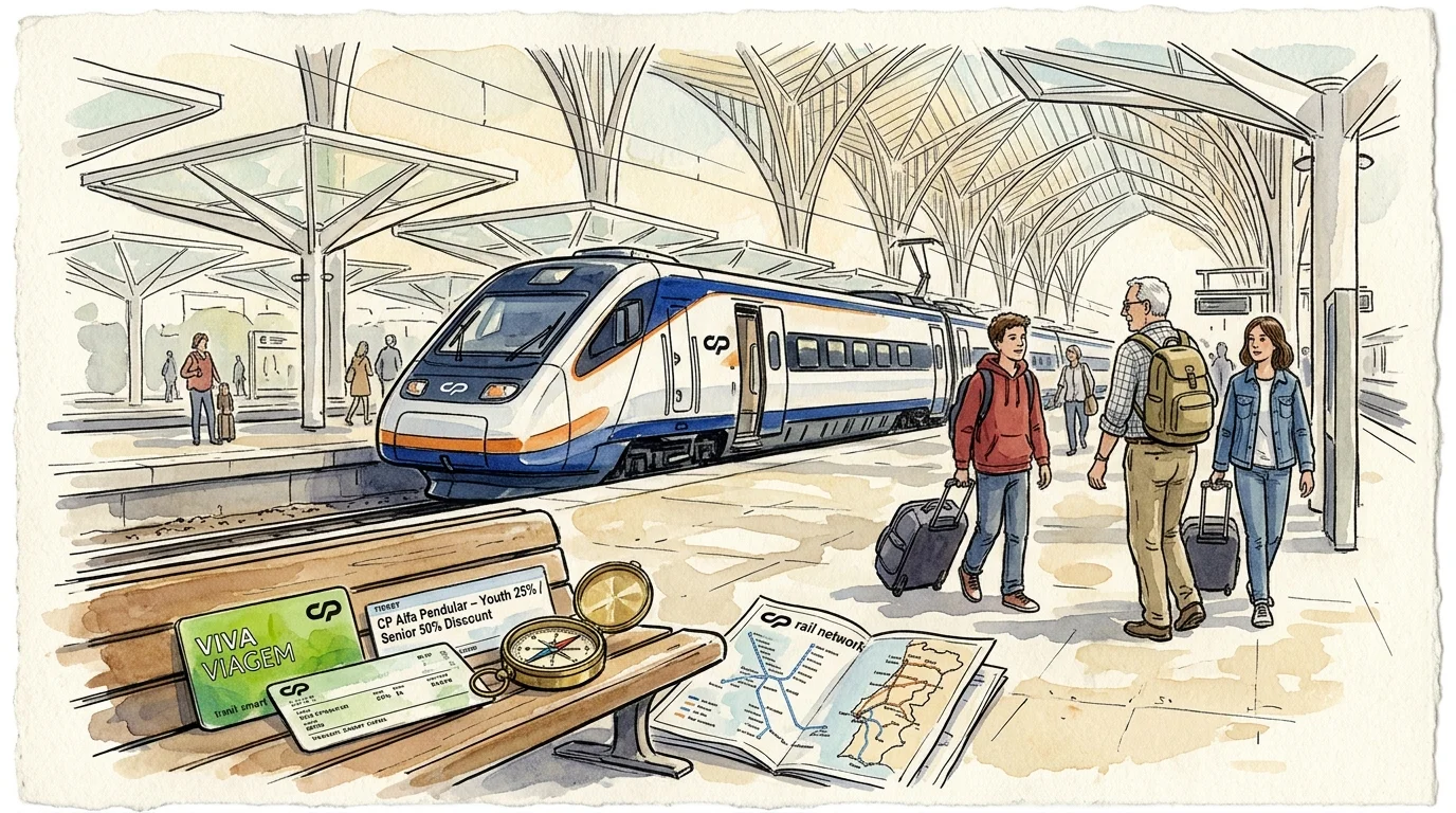 Watercolor illustration of a grandfather and two teenagers with luggage at a modern train station next to a train.