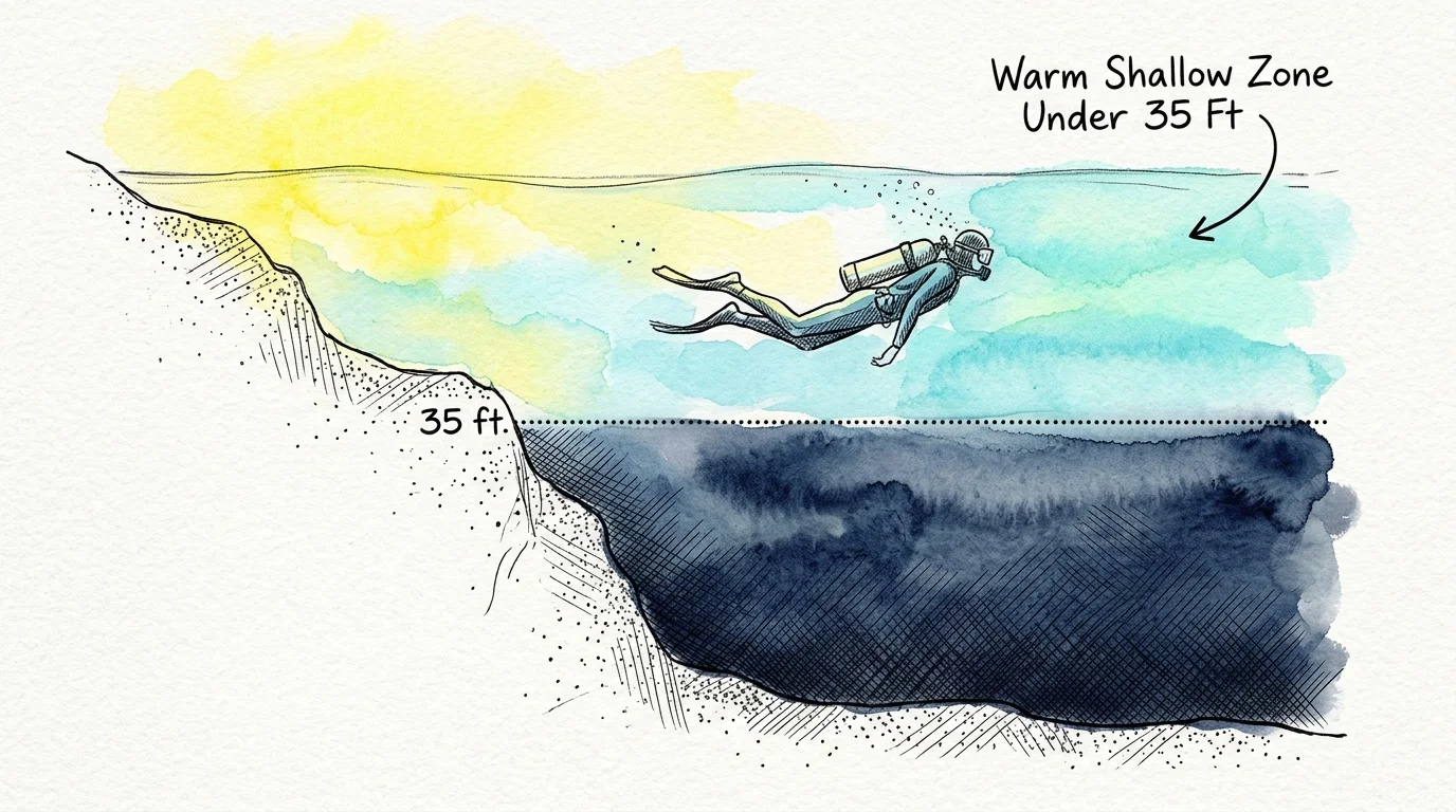Watercolor cross-section illustration showing a scuba diver swimming in light blue water labeled "Warm Shallow Zone Under 35 Ft.