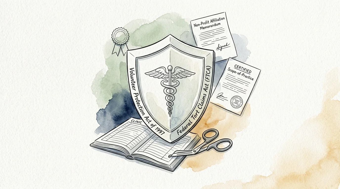 A caduceus shield labeled Volunteer Protection Act, surrounded by nonprofit documents, a clinic logbook, and scissors.