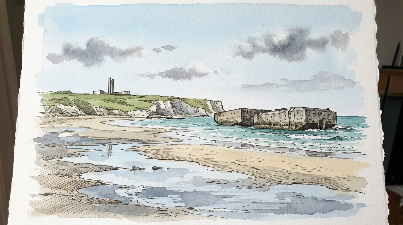 Watercolor sketch of a sandy beach with tidal pools, coastal cliffs, and large concrete Mulberry harbour caissons in the sea.