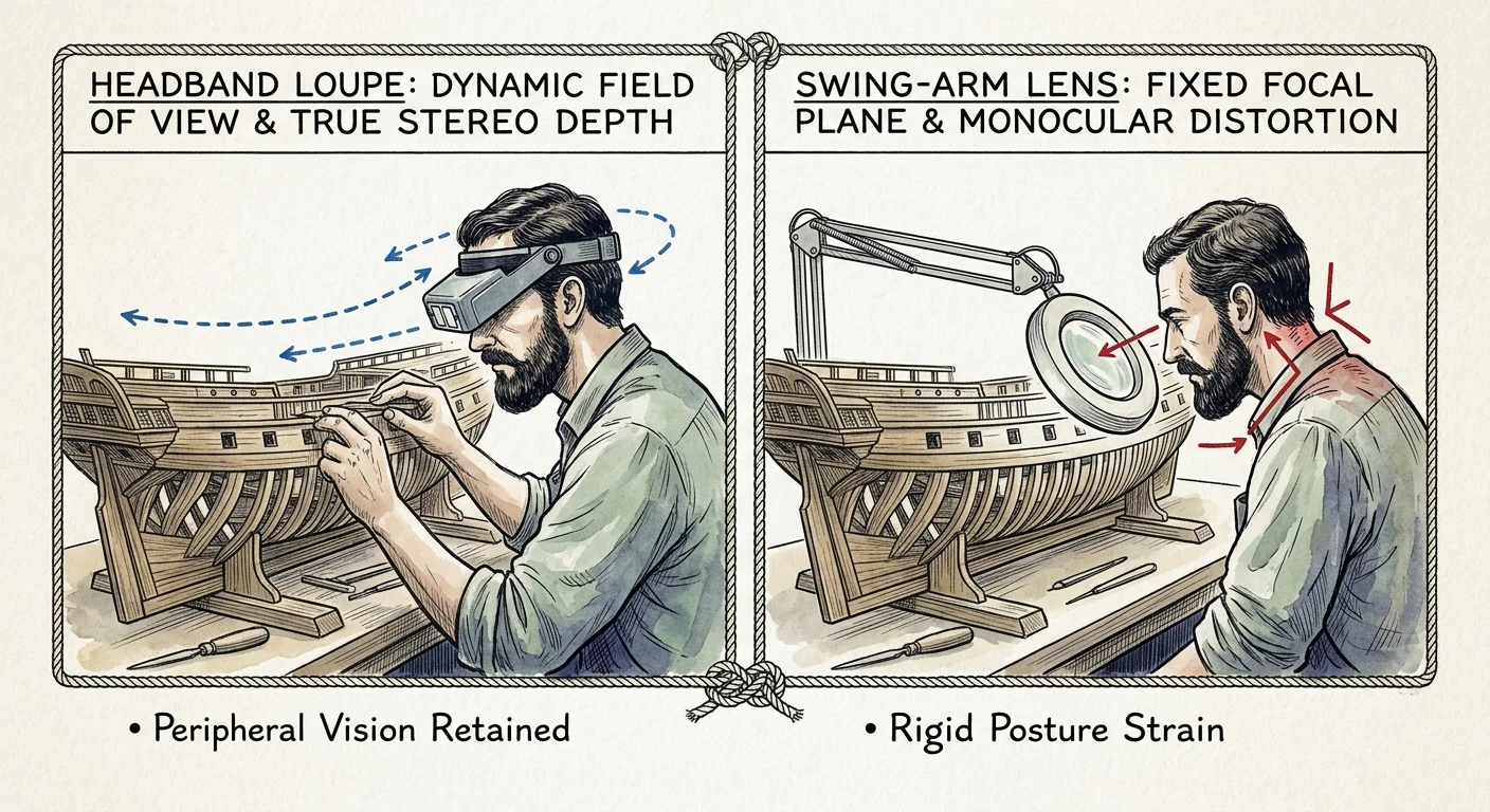 Split illustration comparing a model shipbuilder wearing a headband loupe versus hunching behind a swing-arm magnifier lens.