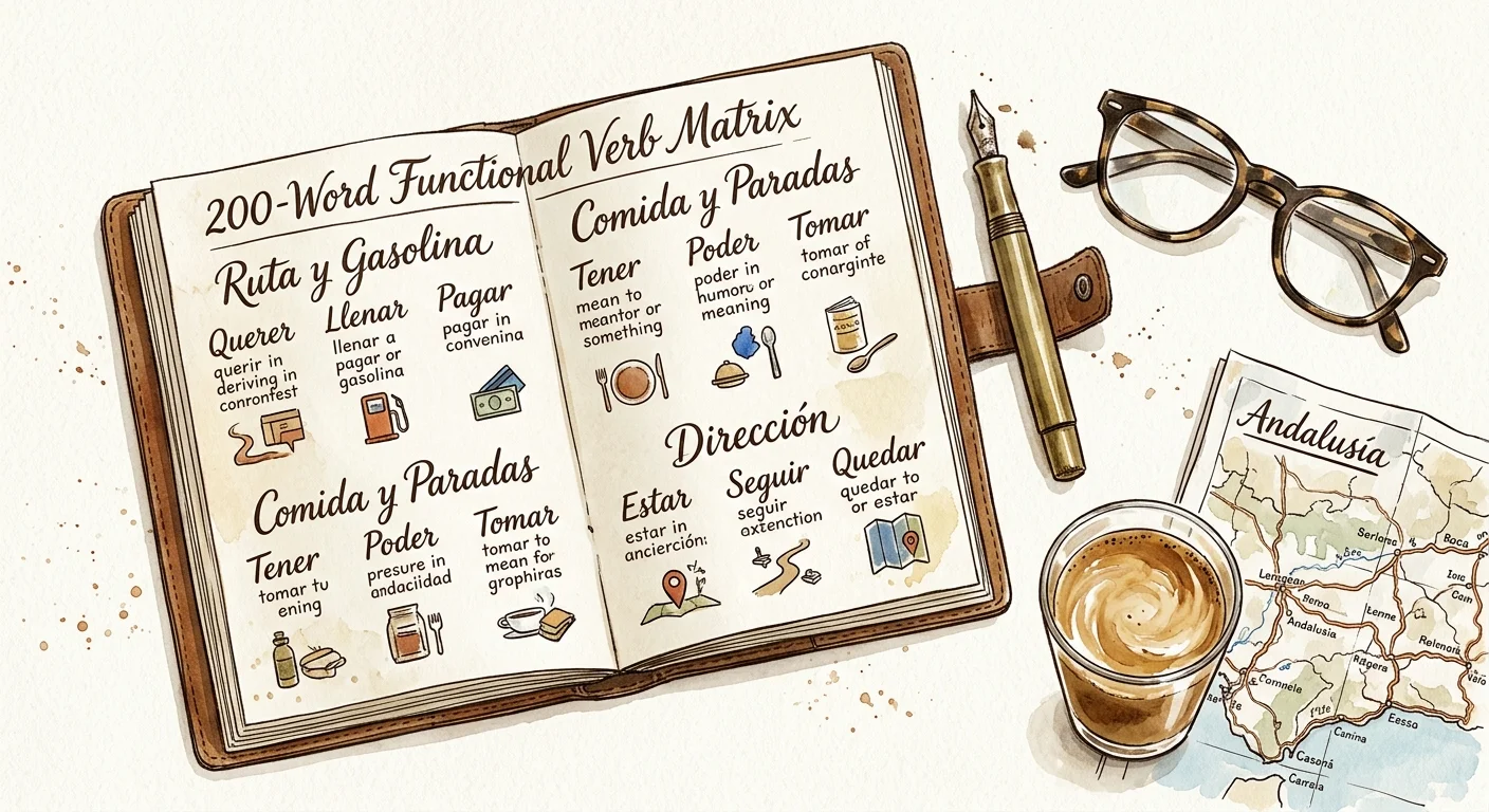 Illustrated open notebook titled 200-Word Functional Verb Matrix beside a fountain pen, glasses, coffee, and Andalusia map.