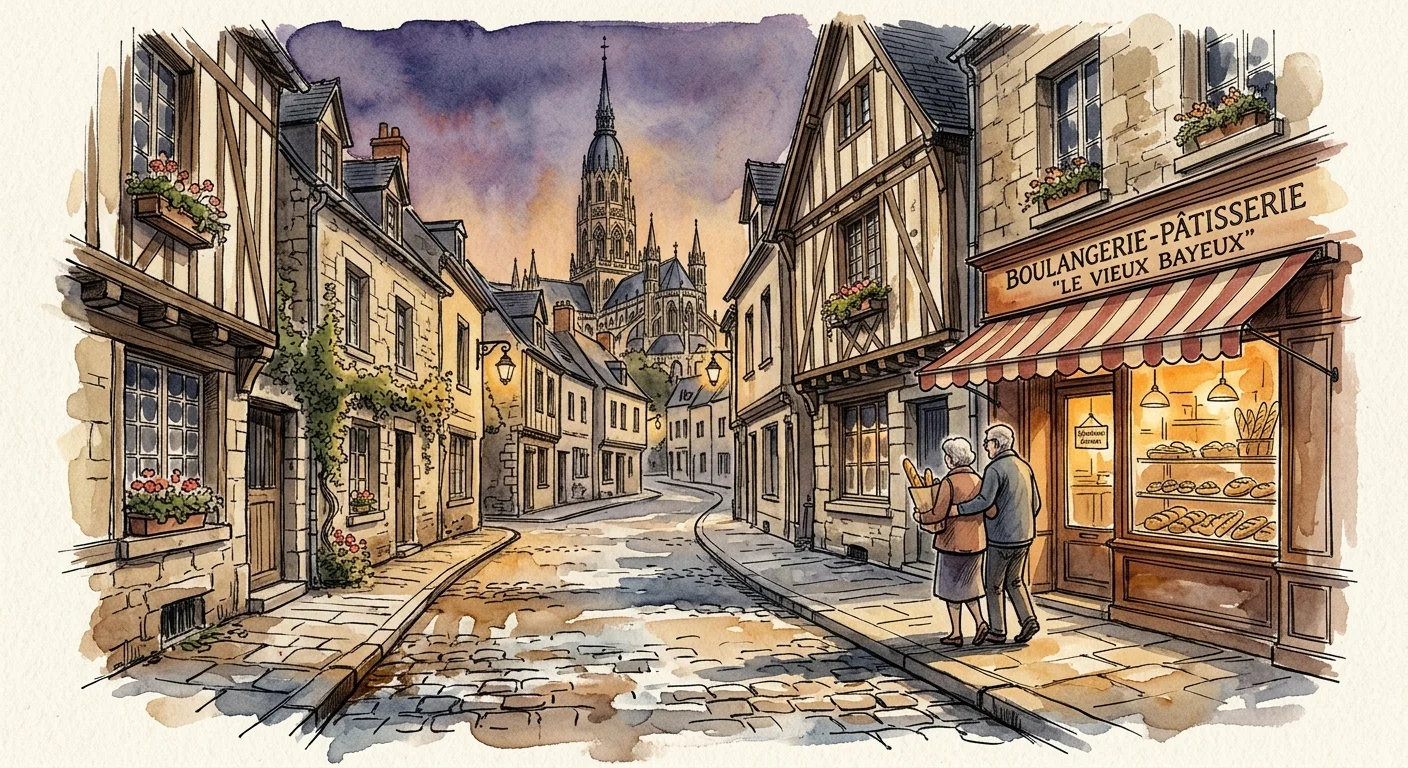 Watercolor illustration of a cobblestone street with timber-framed buildings, a bakery, and a cathedral spire at dusk.