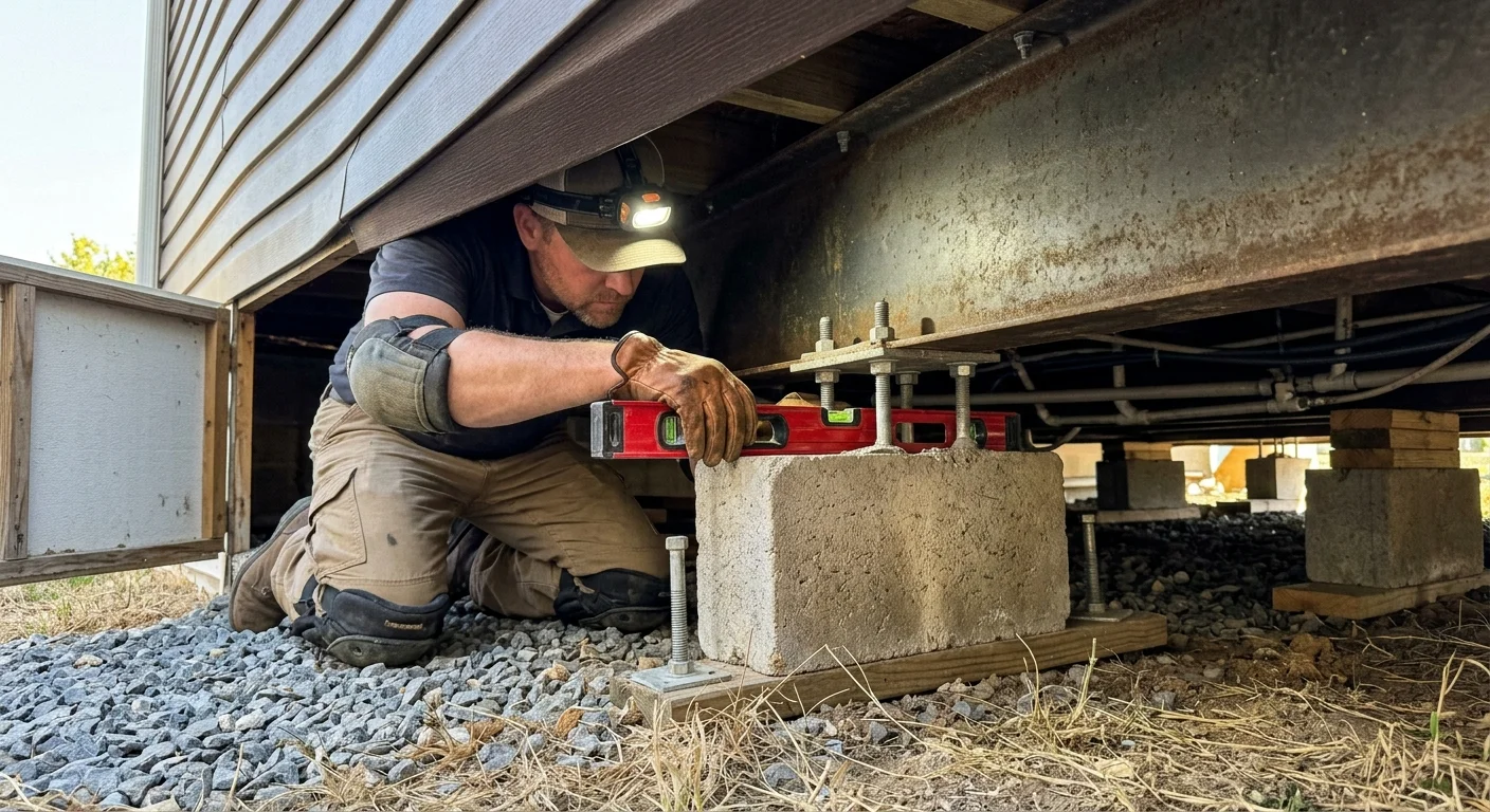 Inspector with a headlamp and level checks the foundation piers underneath a manufactured home.