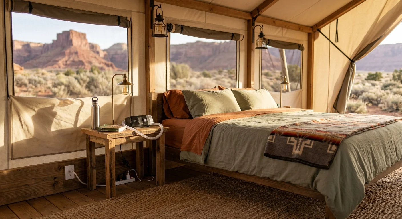 Glamping tent interior with a bed, desert rock views, and a CPAP machine on a bedside table plugged into an outlet.