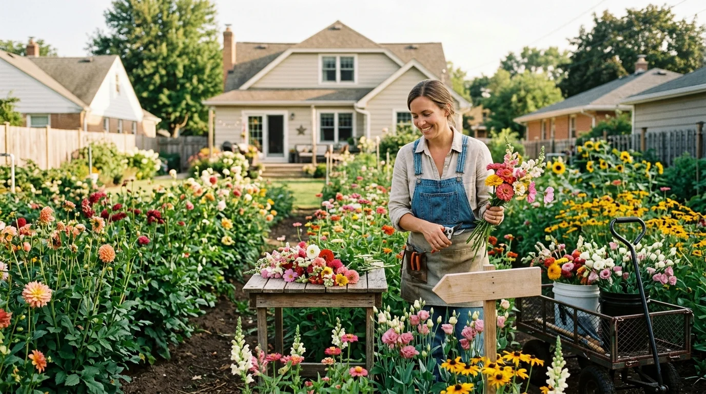 A smiling woman holding freshly cut flowers in a lush backyard flower garden behind a suburban house.