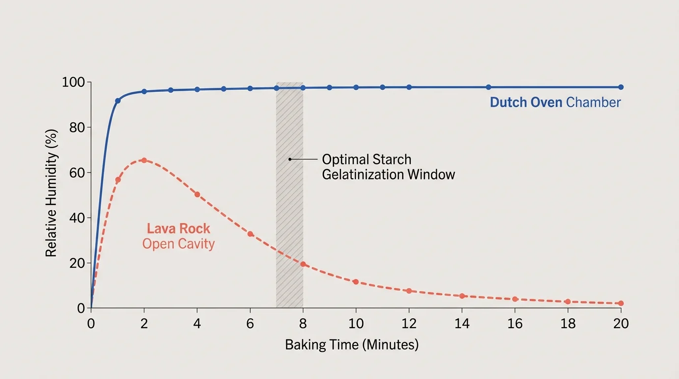 Line graph comparing relative humidity over 20 minutes between a Dutch oven chamber and lava rock open cavity.
