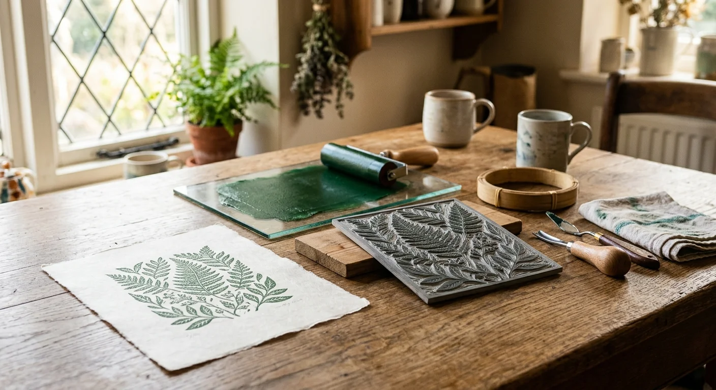 A rustic wooden table set with a carved linoleum botanical block, rolled green ink, baren, tools, and a printed paper.