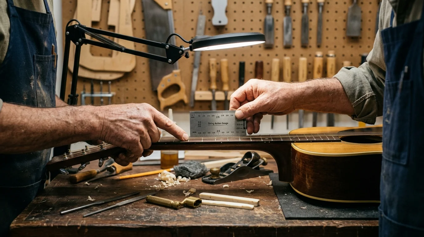 A luthier uses a metal string action gauge to measure fretboard clearance on an acoustic guitar at a workbench.