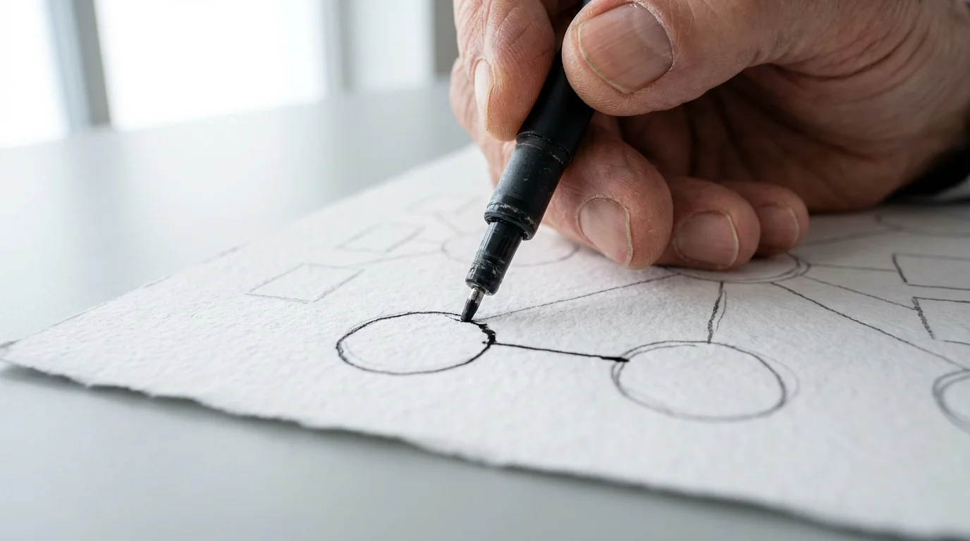 Macro photo of a senior's hand drawing an abstract flowchart on textured white paper.