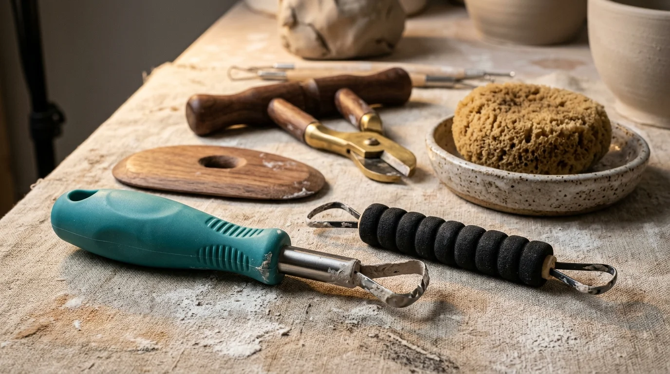 Ceramic sculpting tools with thick teal and foam handles beside a wooden rib and sponge on a canvas workbench.